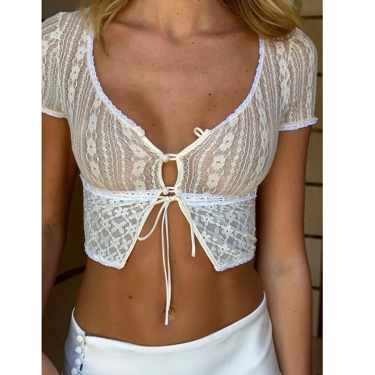 Apricot Lace V Neck Short Sleeve Crop Top