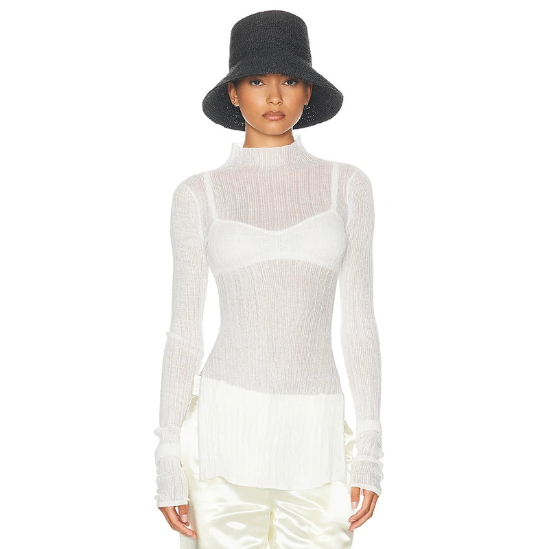 See Through Neck Pullover T-Shirt Long Sleeve Split Ribb Knit Top Side Slit