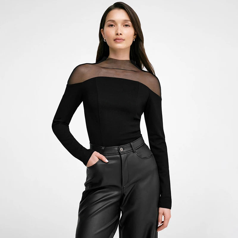 Meh Patchwork Slim Long Sleeve Bottom Top See-Through Shoulder Pullover Top
