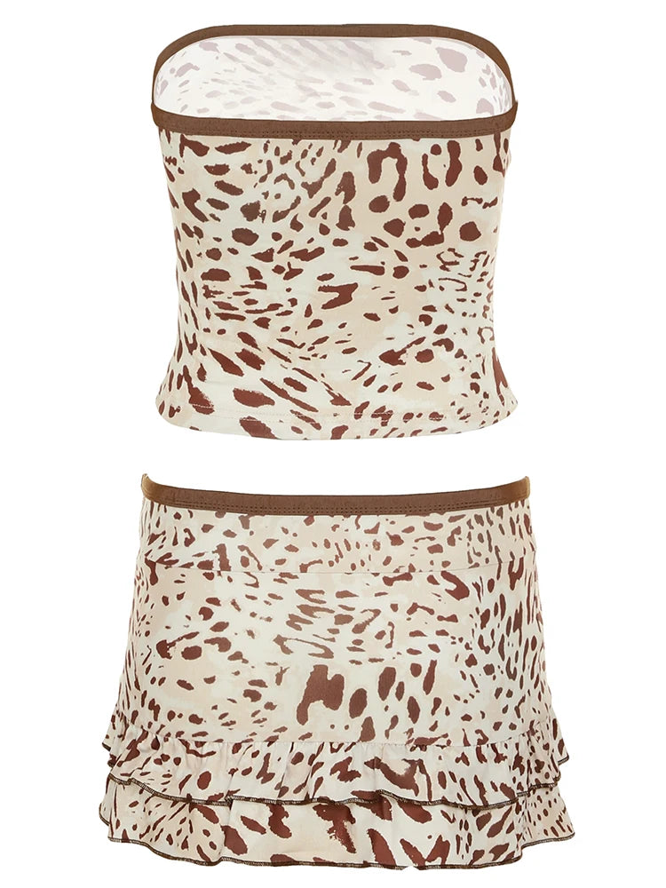 Leopard print Two Pieces of Sets 's Lace-up Camisole and Mini Skirts