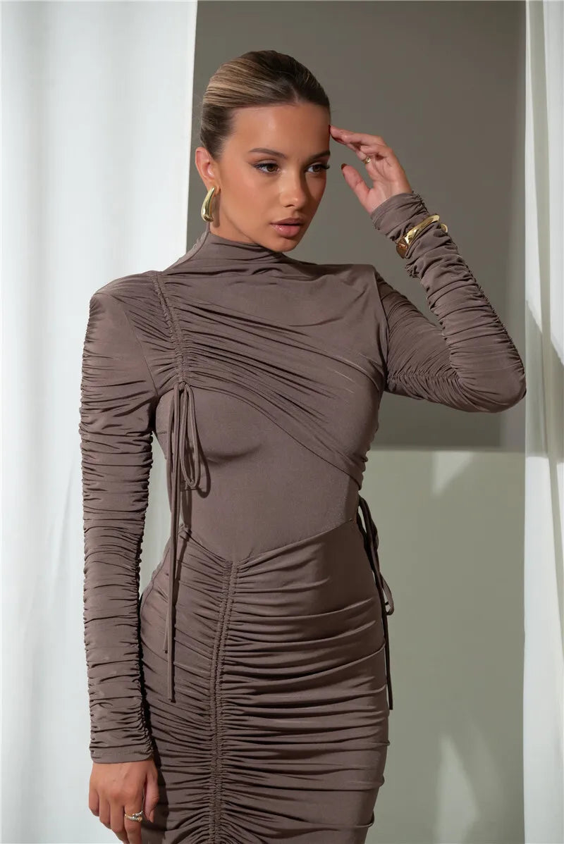 Long Sleeve Ruched Maxi Dress Drawstring Turtleneck Bodycon Long Dress