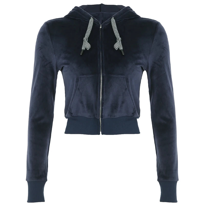 Velvet Jacket Zip Up Front-pocket Hood Coat Overcoat