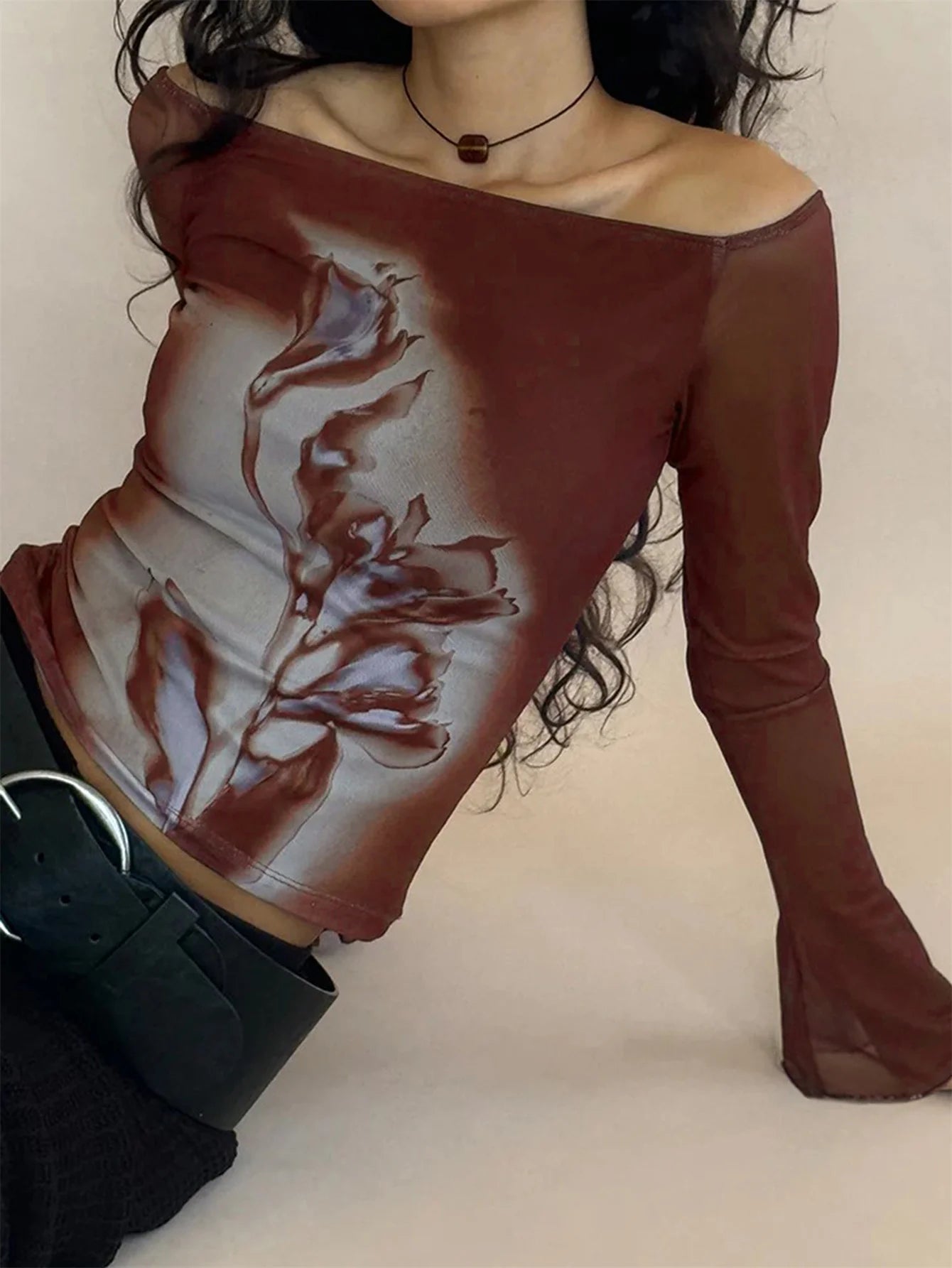 Brown Floral Mesh Flare Sleeves See Through Shirt