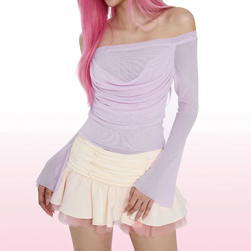 Looe Long Sleeve Meh One-Shoulder Top Light Slightly Tranparent Slim Pure Deire Wind Top
