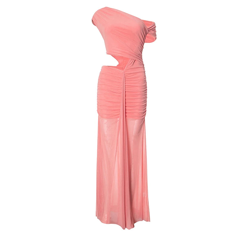 Color Pleated Slant Shoulder Sleeveless Strap Hollow Out Dress Celebrity
