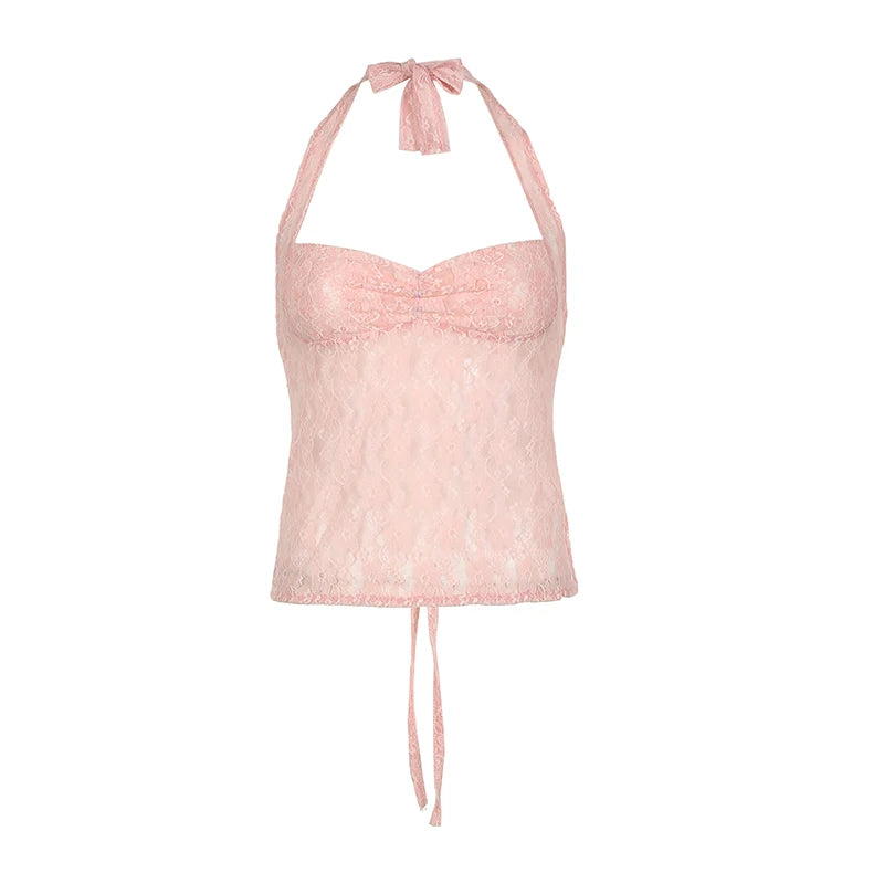 Lace Halter Camis Transparent Backless Lace-up Top