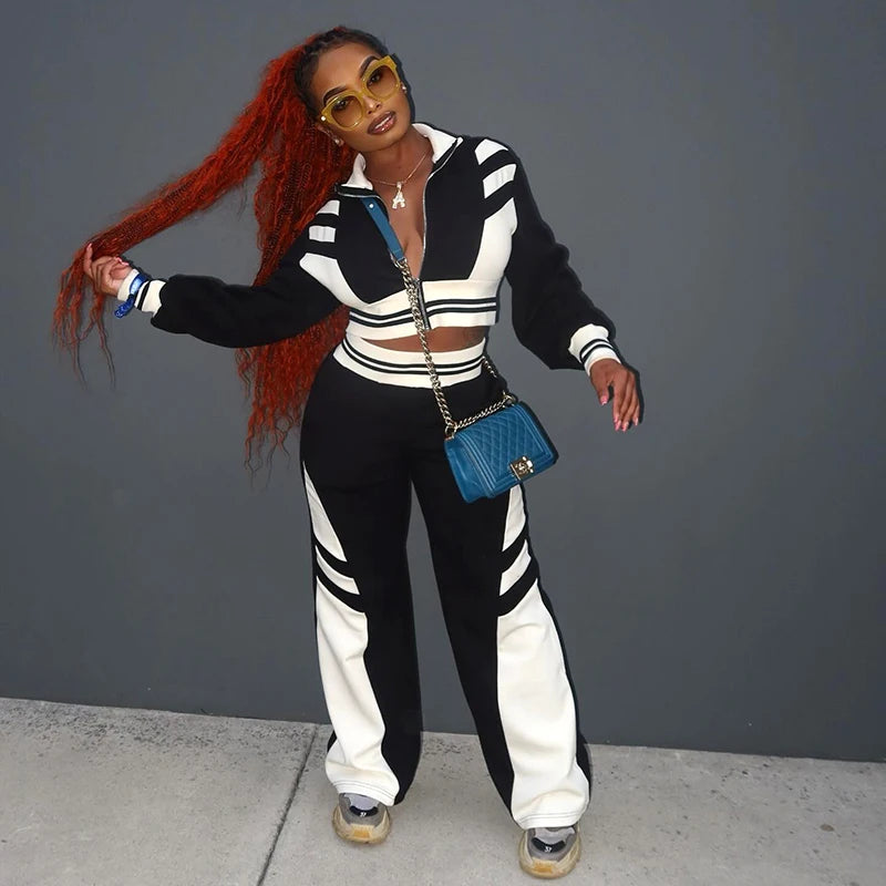 Clahing Splicing Lapel Zipper Set Long Sleeve Short Top Pant Sporty