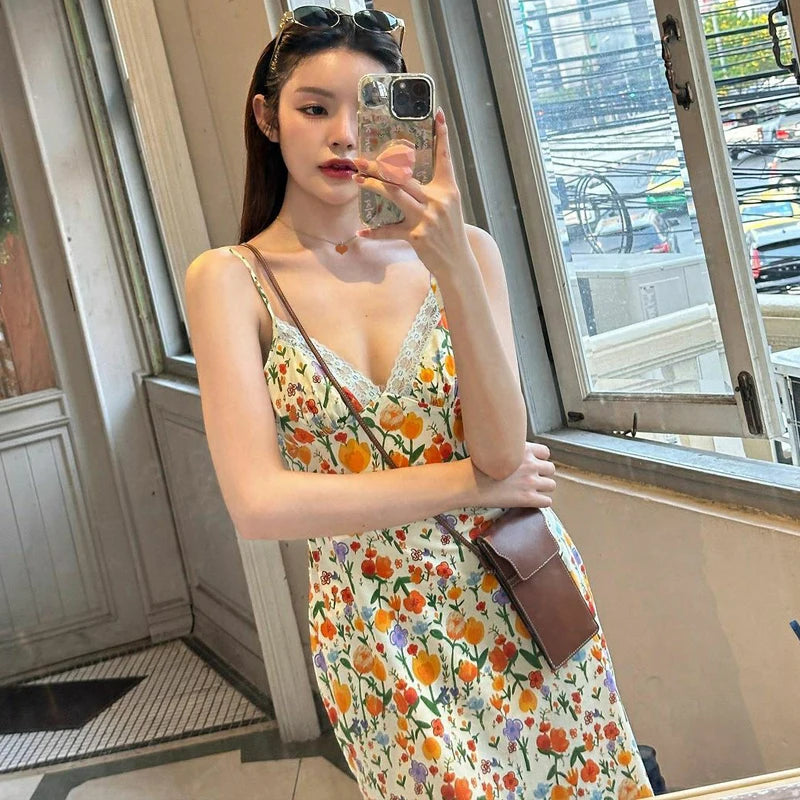Floral Slips Backless Patchwork Lace Maxi Dress