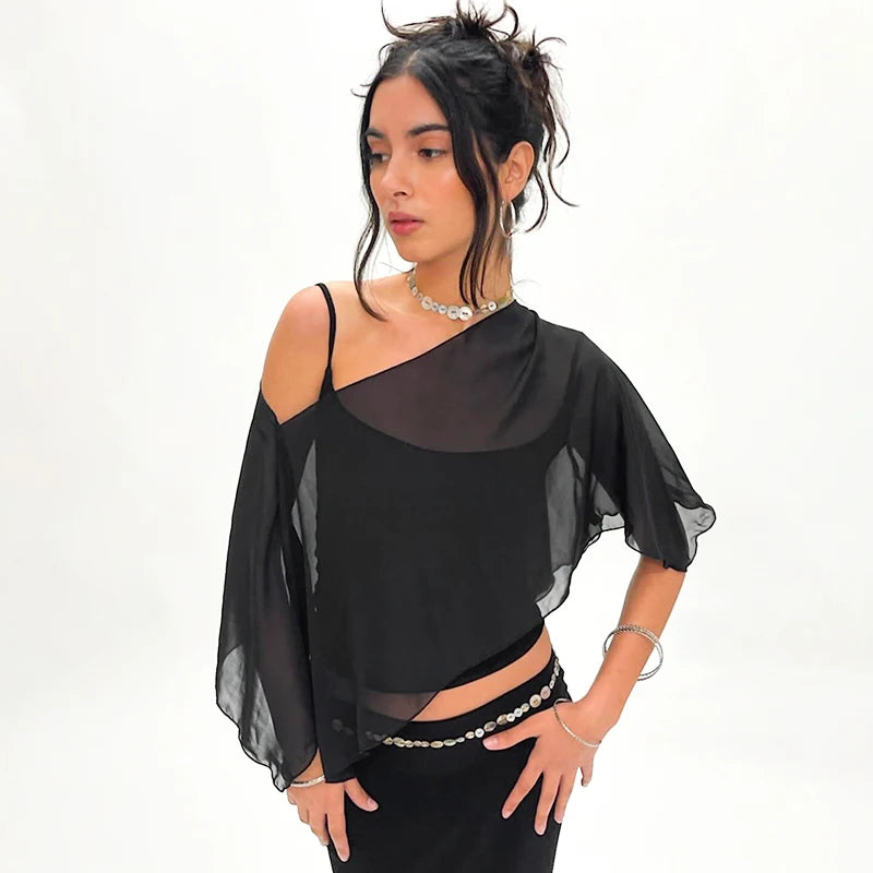 Black Mesh Ruffles Two Piece Top