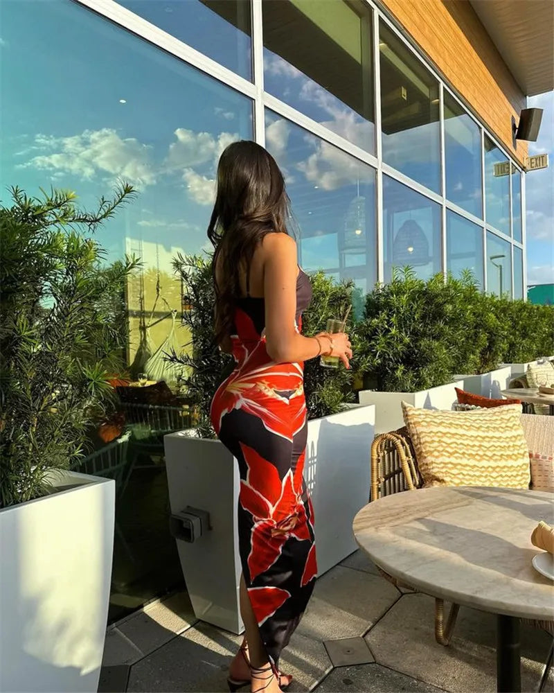 Floreal Long Dress Gown Spaghetti Strap Sleeveless Backless Bodycon Midi Dress