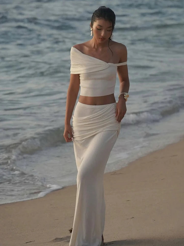 Matching Skirt Set Claic Banquet Incline Shoulder Crop Tee Maxi Pleat Skirt