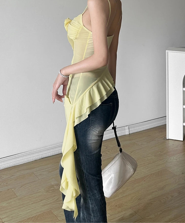 Quality Supender Top Popular In Low Cut Backless Yellow Flower Decorat Top