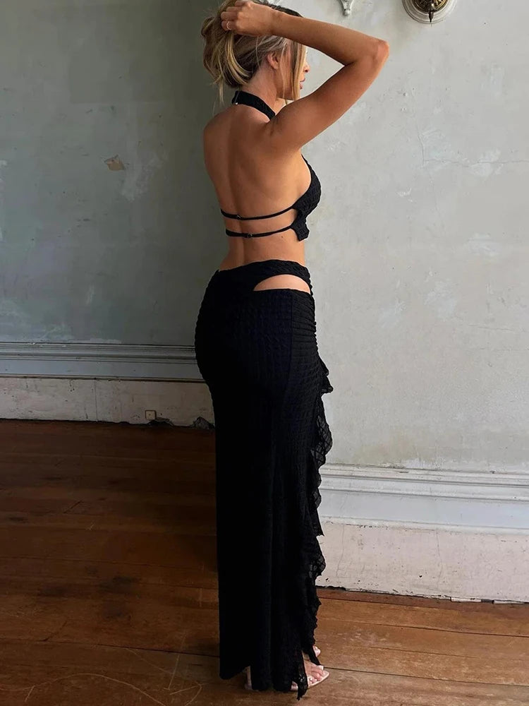 Stacked Pleated 2 Piece Set Classic Halter Bare Midriff Tanks Split Slash Waist Split Skirts Suits
