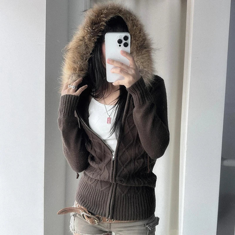 Zip Up Hoodie Coat 's Jackets Kintted Cardigan Twist Grain Fur Neck