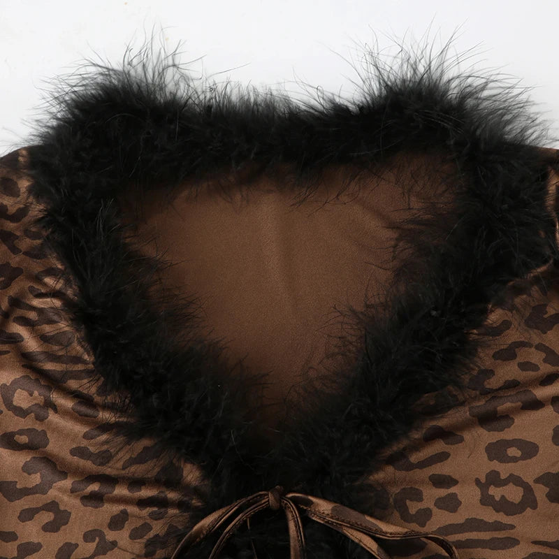 Leopard Print Two Pieces of Sets 's Lace-up Coats and Mini Skirts Long Sleeved