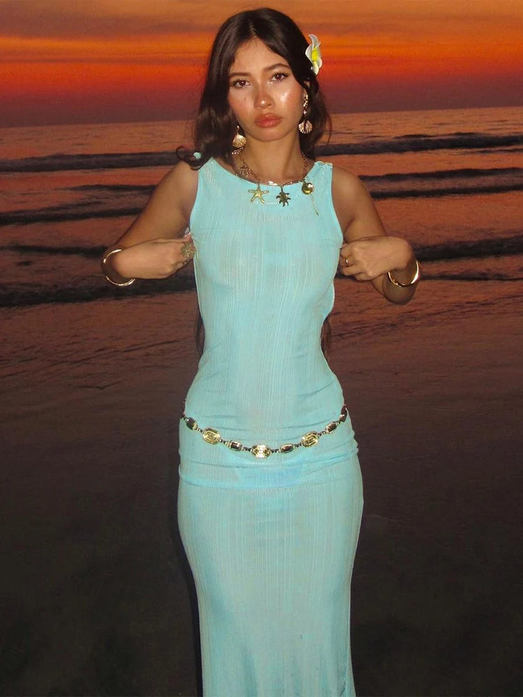 Silky Dress Claic Sleevele O-neck Maxi Bodycon Thin See Through Vacation Long