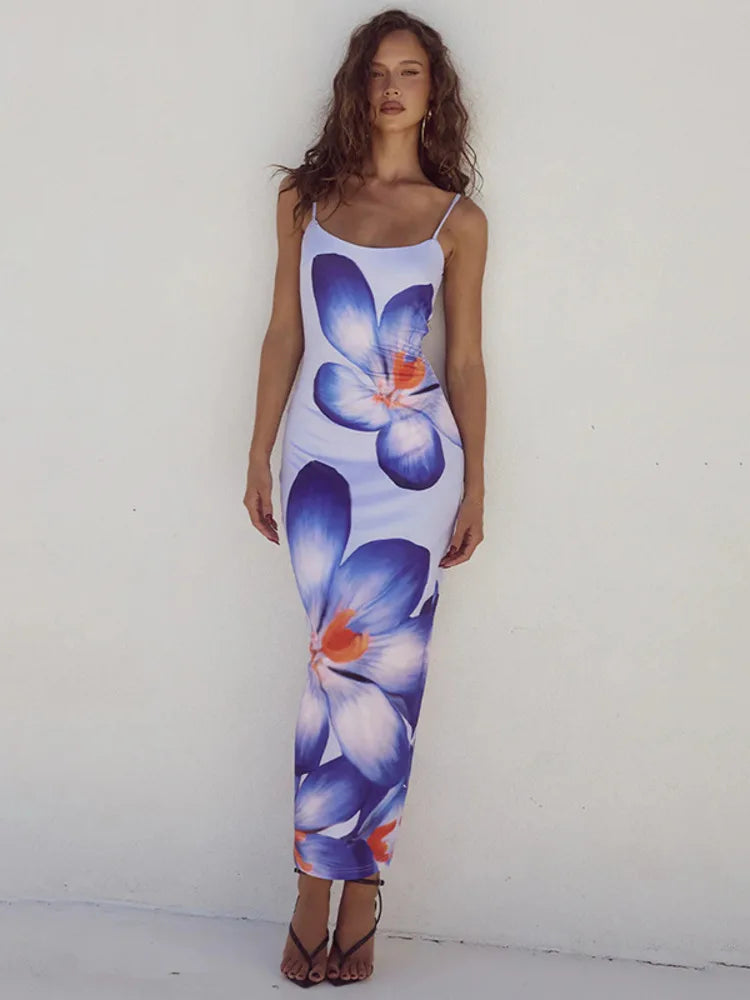 Floreal Long Dress Gown Spaghetti Strap Sleeveless Backless Bodycon Midi Dress