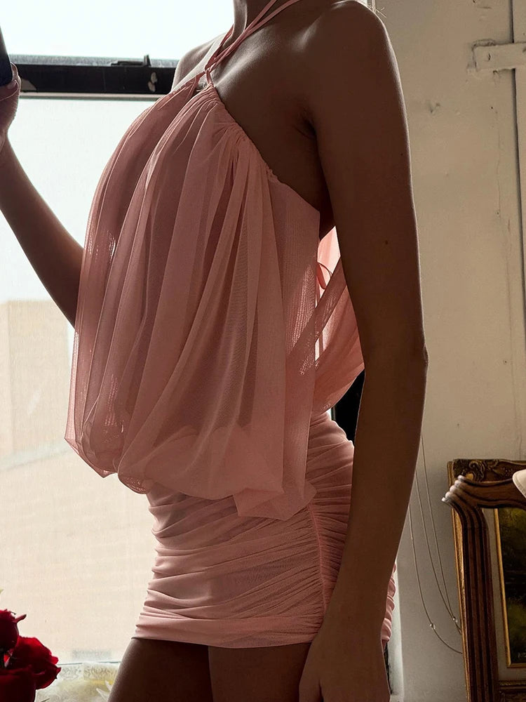 Ruched Mesh Dress Backless Draping Strapless Bodycon