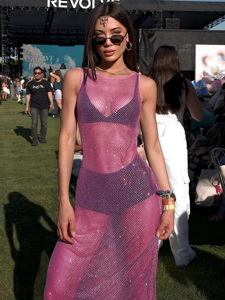 Shiny Meh Dress See Through Sleevele O-neck Straight Long