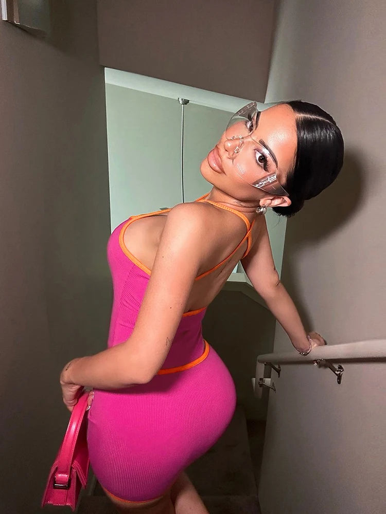 Ribbed Two Piece Set Stretch Backless Camisole Peach Hip Skirt Matching