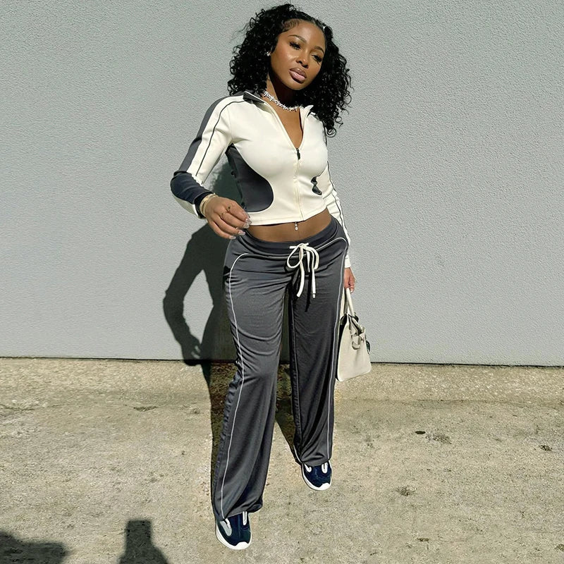 Stand-Up Collar Sport Fitne Set Slim Thin Long-Sleev Jacket Drawtring Straight Pant Set