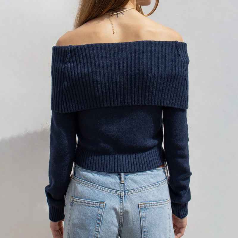 Slah Neck Sweater Slim Knit Pullover