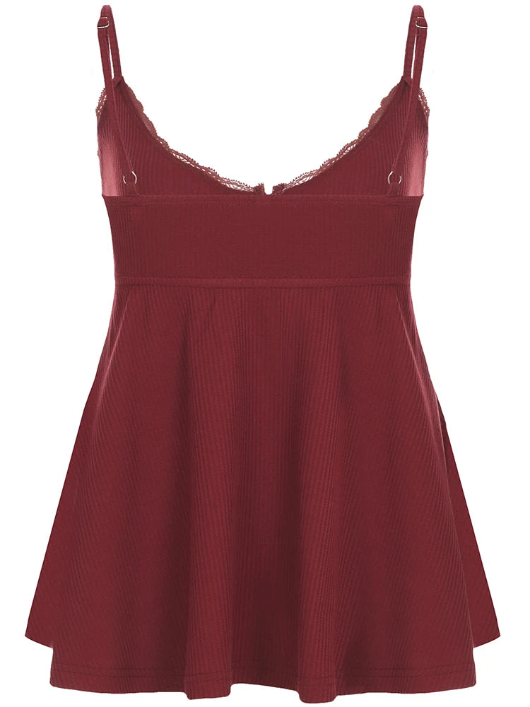 Bow Lace Camisoles Backless Red Top Sleeveless Buttons 's