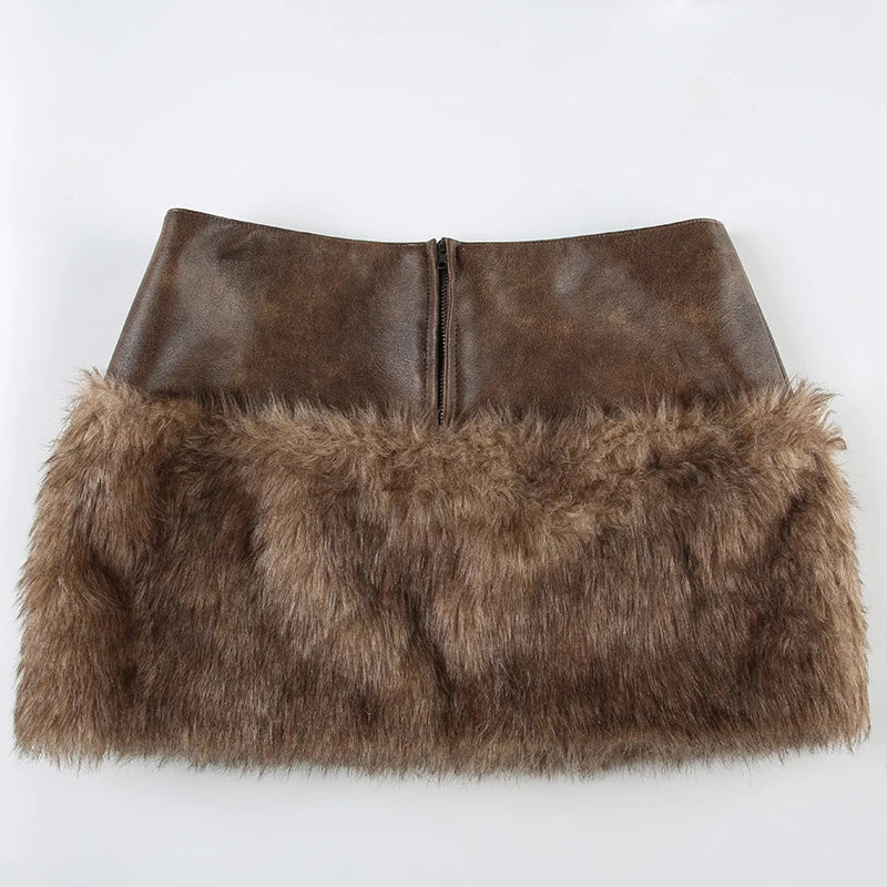 Brown Pu Leather Furry Mini Skirt