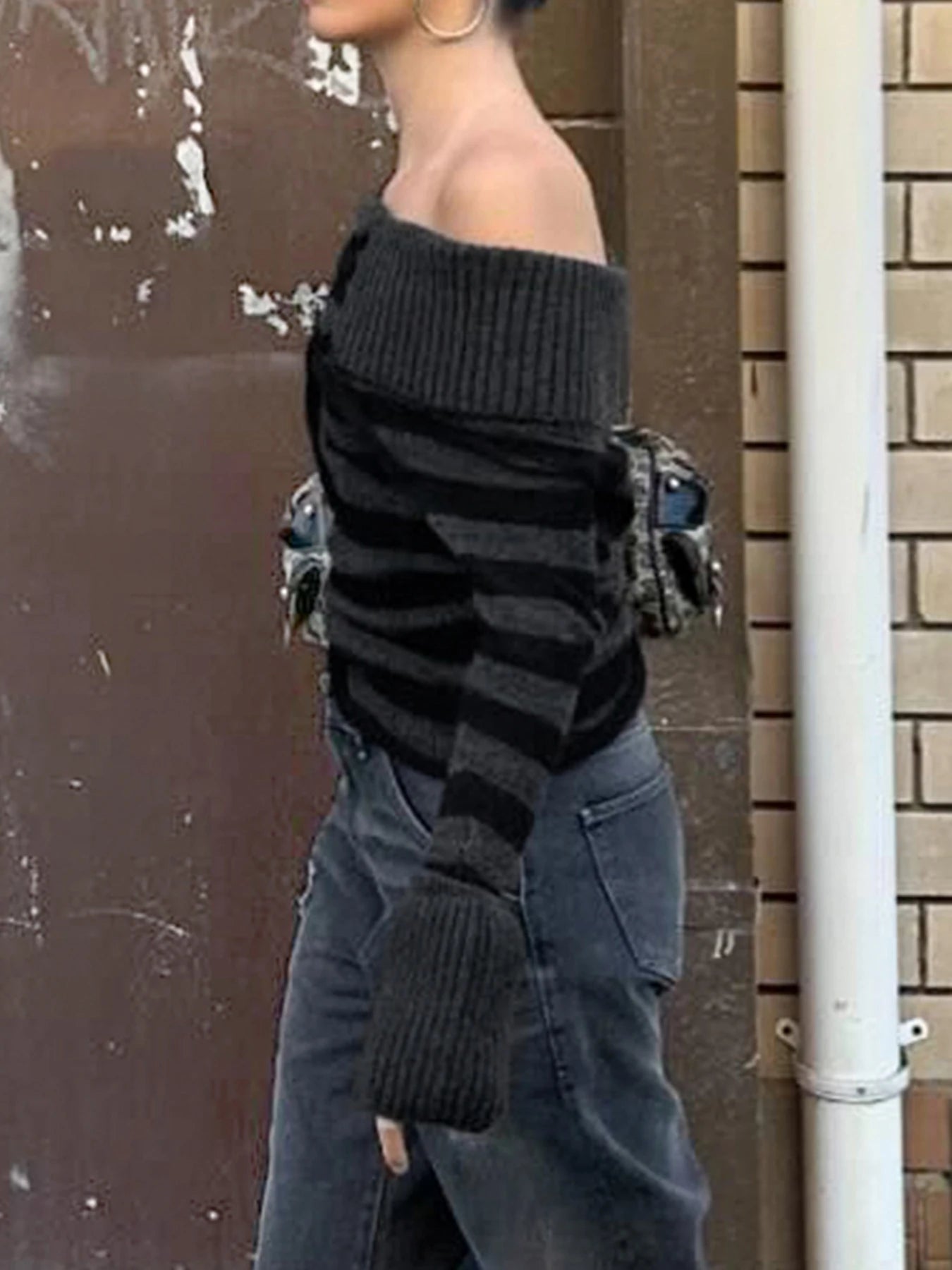 Slash Neck Striped Knitted Sweaters Patchwork Pullovers HArajuku Grunge 's Top