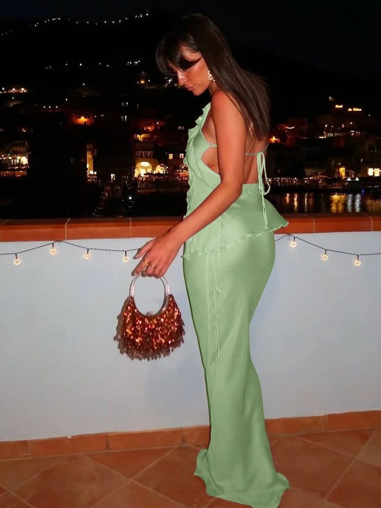 Mesh See Through Shirring Two Piece Set Irregular Ruffles Backless Top Long Skirt