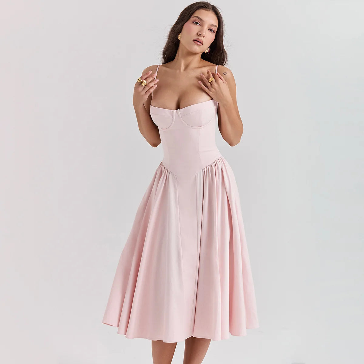 Dress for Pink Spaghetti Strap Midi Dress with Pocket Long Dress