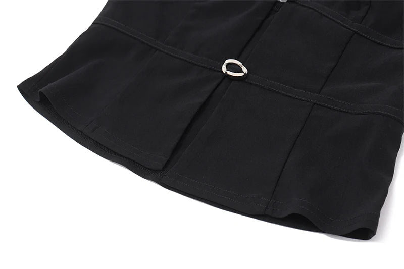 Black Backless Top And Puff Mini Skirt Set