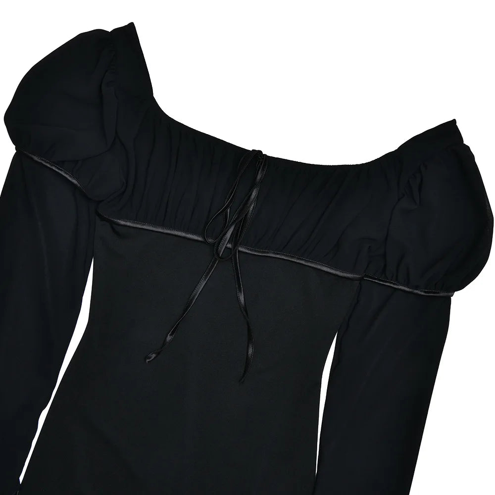 Square Collar Ruffles Chiffon Dress Long Sleeve Lace Up Dress