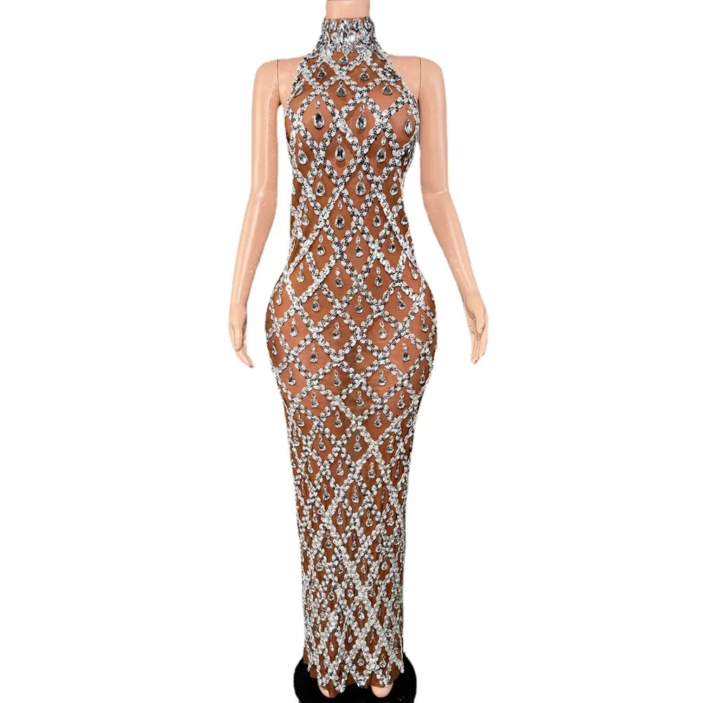 Sparkly Rhinestones Sleeveless Long Dress Dark Mesh Celebrate Wedding Prom Gown Birthday Dress Photograph Wear