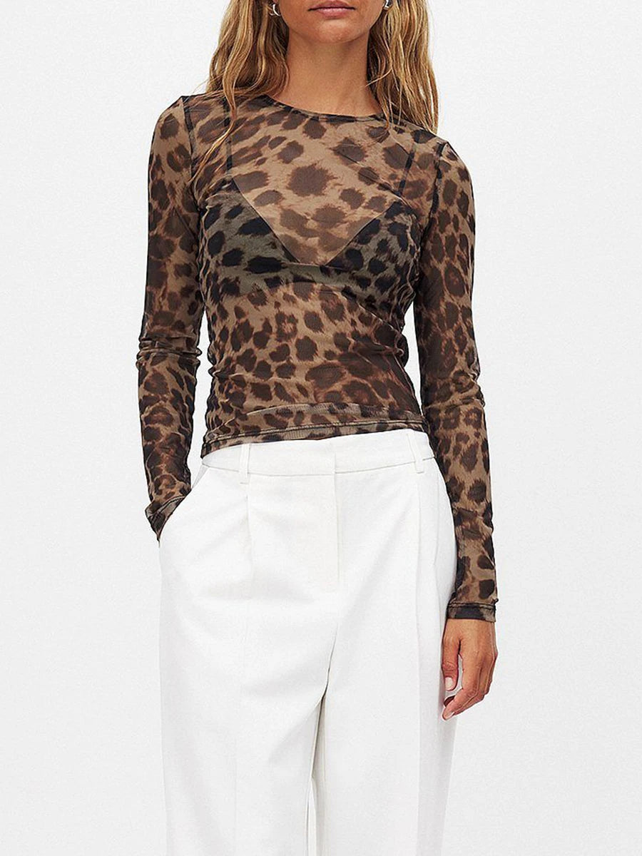 Sheer Leopard Tops Slim Fitted Long Sleeve See Through Mesh Shirts Going Out Vintage Street