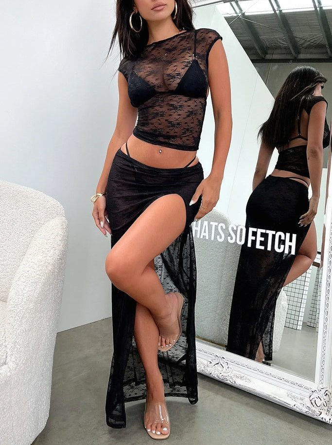 TwoPiece Lace See-through Cover Ups Set Sheer Cap Sleeve Backless Crop Top Low Waist High Slit Long Skirt