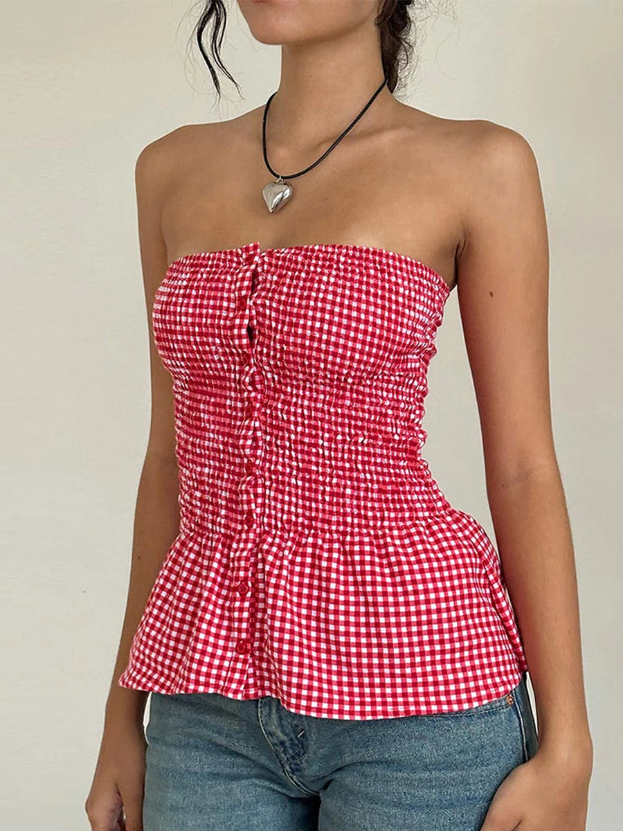 Red Gingham Crop Top Womean Strapless Ruffle Hem Sleeveless Button Cami Coquette Plaid Crop Top