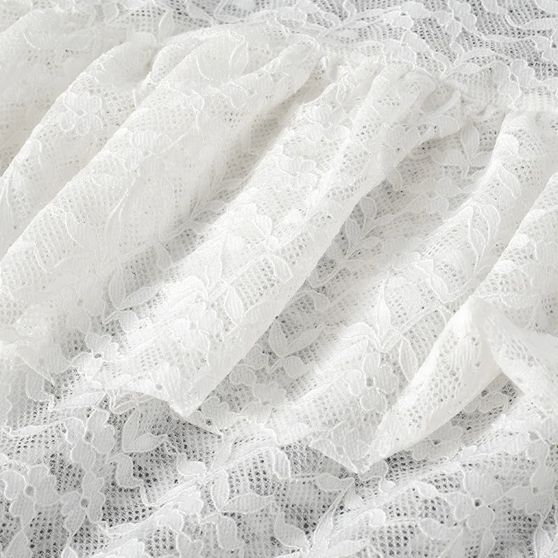Transparent Lace Two Piece Sets Skirt Suit White Flare Sleeve T-shirt Long Skirt Skirt Set