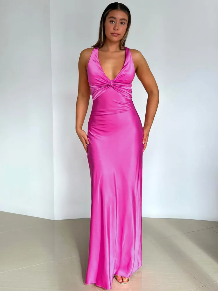 Satin Backless Ruched Maxi Dress