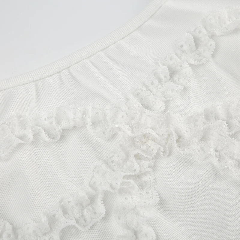 Lace Bow Patches White Basic Cute Camisole Sleeveless Slim Crop Top Tank Vest