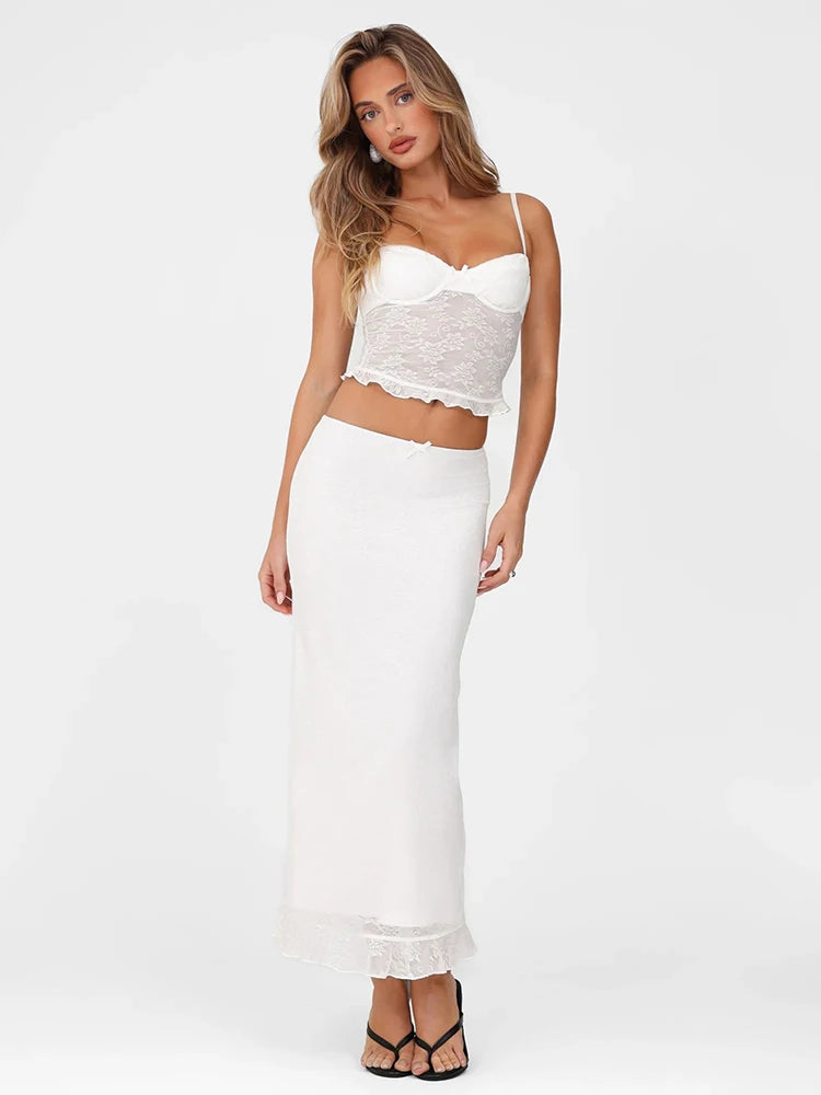 Lace Two-Piece Set Flower Dark Lines Patchwork Camisole Top Straight-Leg Lace Bottoms Matching Suit