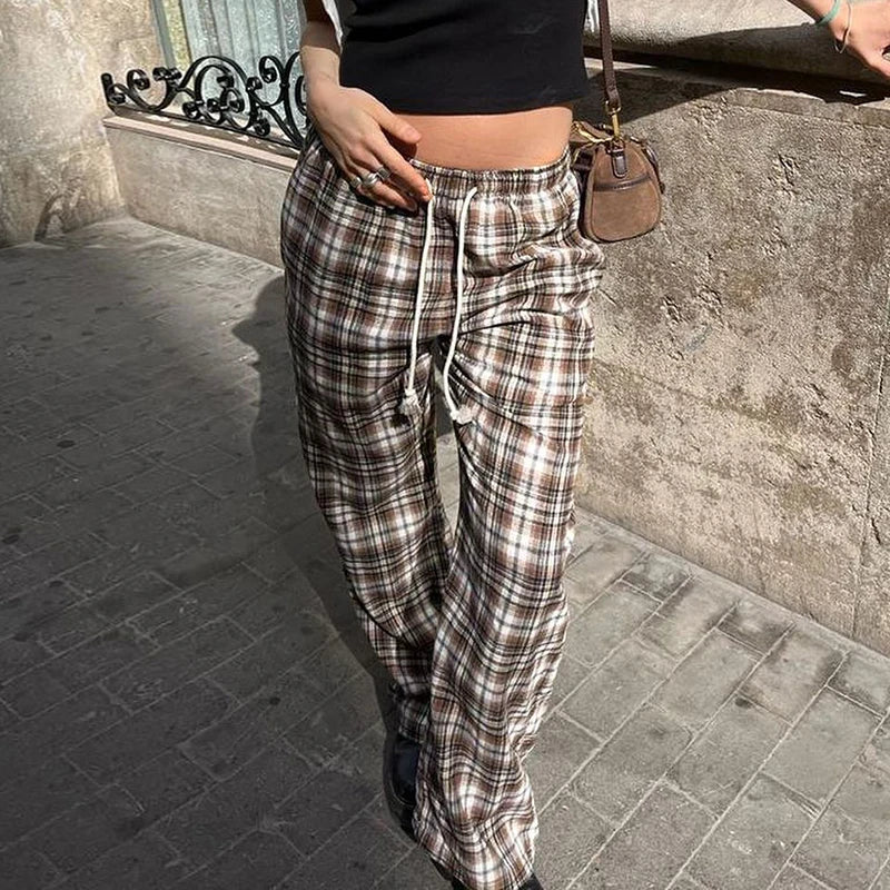 Drawstring Plaid Pants Elastic Waisted Sweatpants Straight Pants