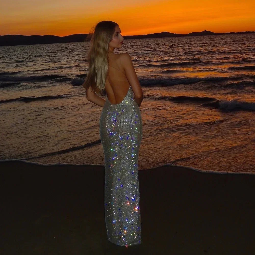 Sequins Sleeveless Maxi Dress for Luxury Long mal Occasion Dress Shiny Backless Evening Gala Dresses