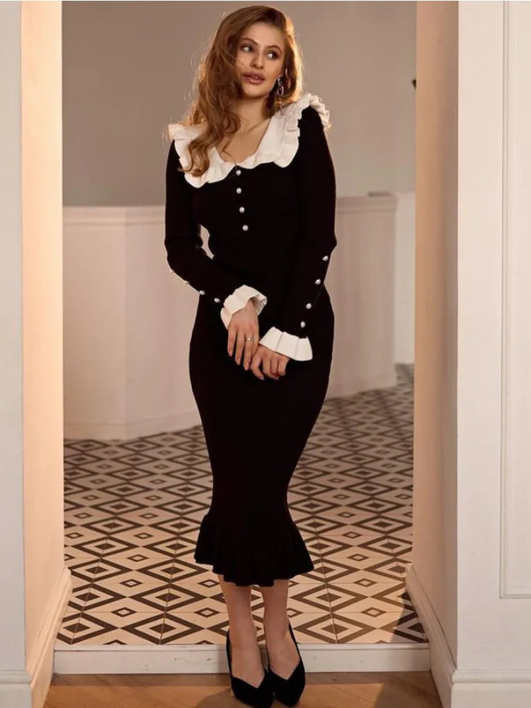 Ruffled Patchwork Knit Maxi Dress Ribbed Long Sleeve Dress Gown Slim Knit Long Dress