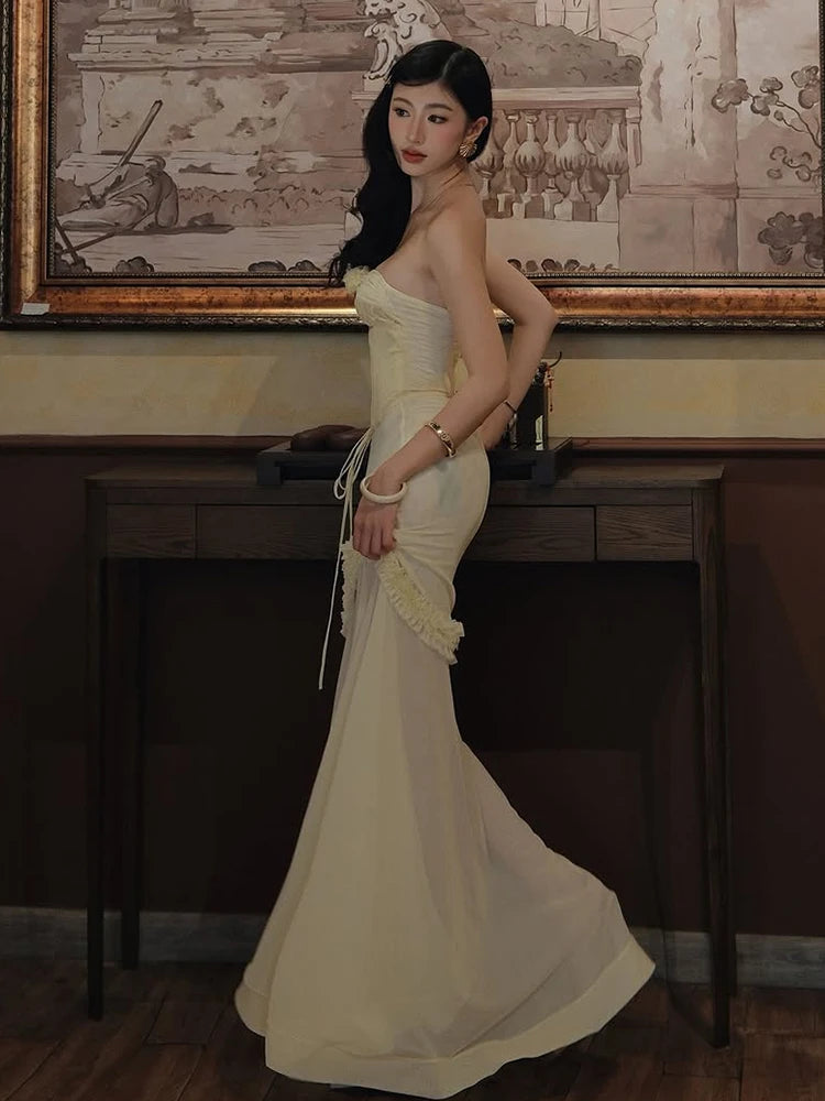Patchwork Mesh Maxi Dress Shirring Fishtail Ruffles Hollow Bandage Banquet