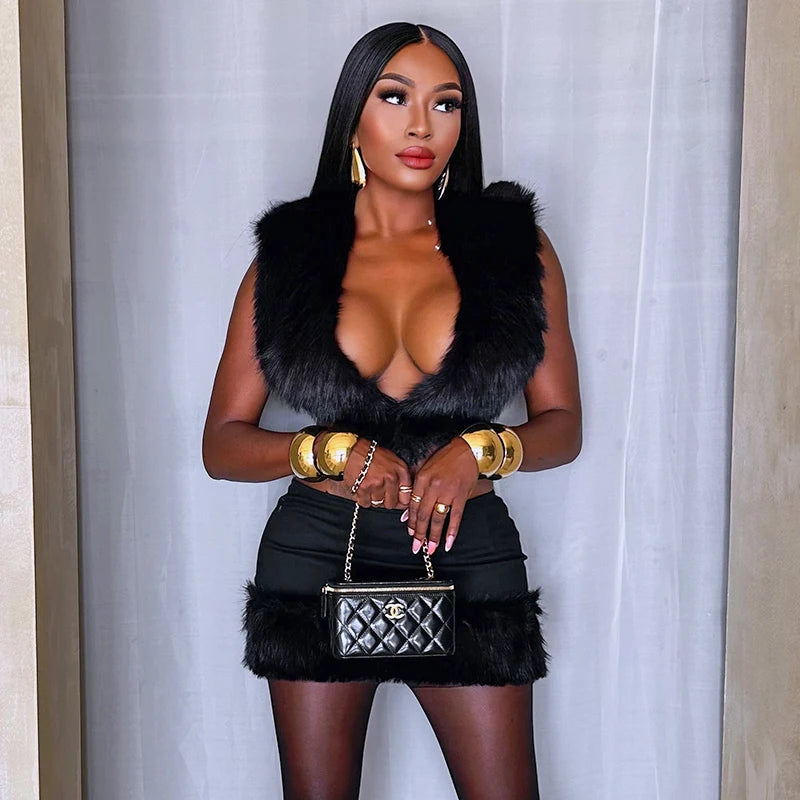 Fur Patchwork Set Deep V Tie Big Backless Fur Top Mini Fur Wrap Hip Skirt Set Evening