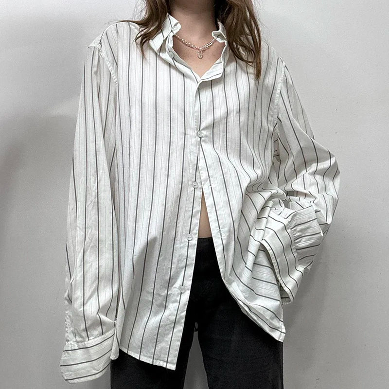 Striped Print Loose Shirt Single-breasted Oversized Blouses Turn-down Neck Top