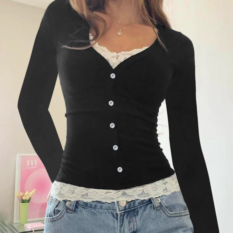 Lace Patchwork Slim Tee Shirt Long Sleeve Button Top