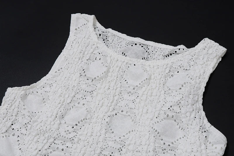 Dress Set Slim Fit Sleeveless Lace Hollow Top with White Skirt Two Piece Set