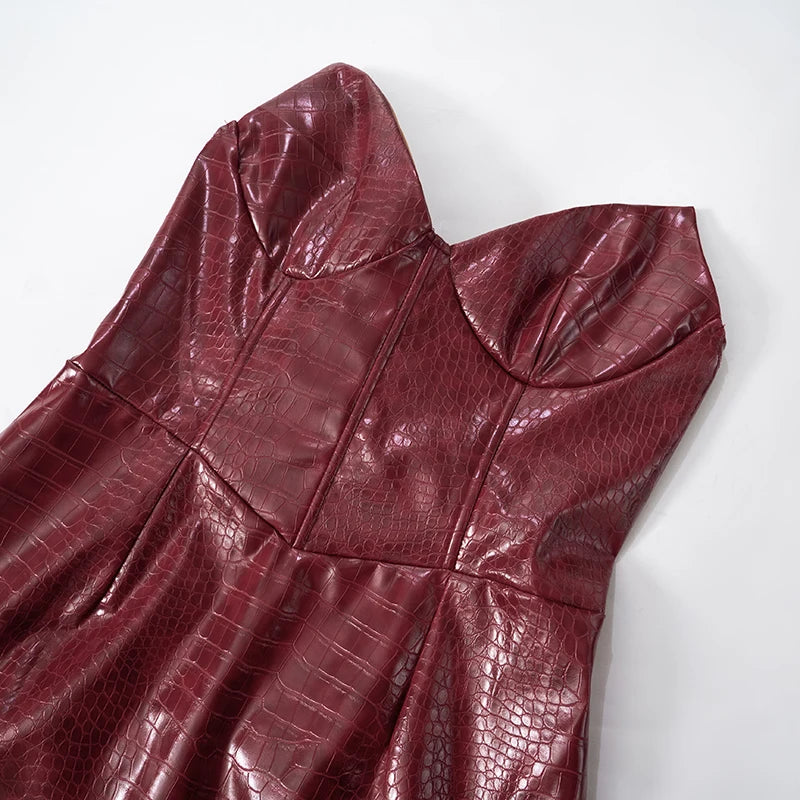 Crocodile Leather Mini Dress V-Neck Sheath Waisted Hip Short Dress